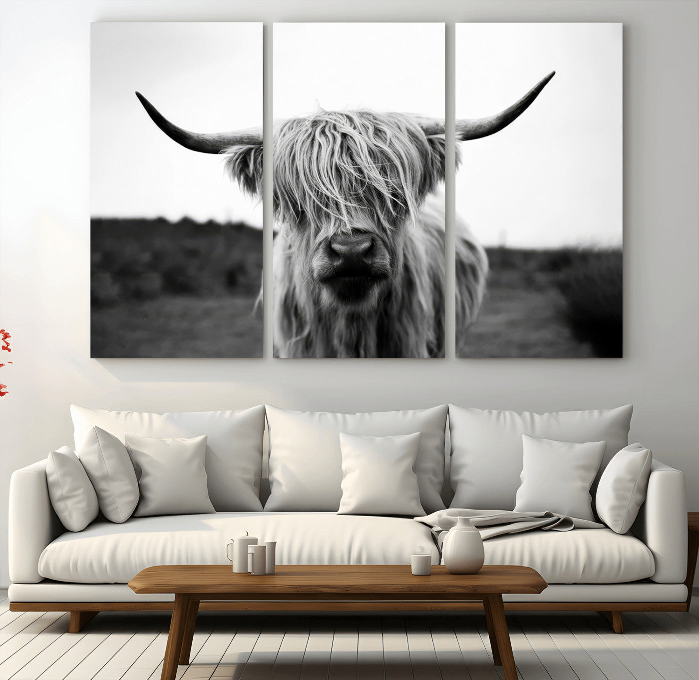 MGV-CV-48X32-3P - Highland Cow Wall Art | Black and White Farmhouse Decor | Triptych Canvas Print | Rustic Barn Decor
