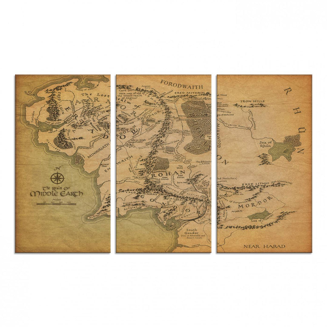 Vintage J.R.R. Tolkien Middle-Earth Map 3 Panel Canvas, perfect as wall art for home or office decor.