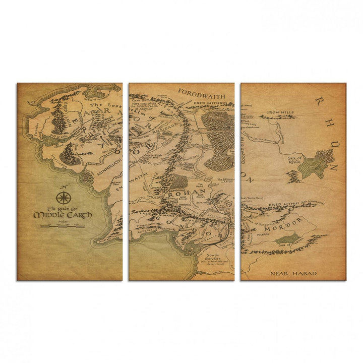 Vintage J.R.R. Tolkien Middle-Earth Map 3 Panel Canvas, perfect as wall art for home or office decor.