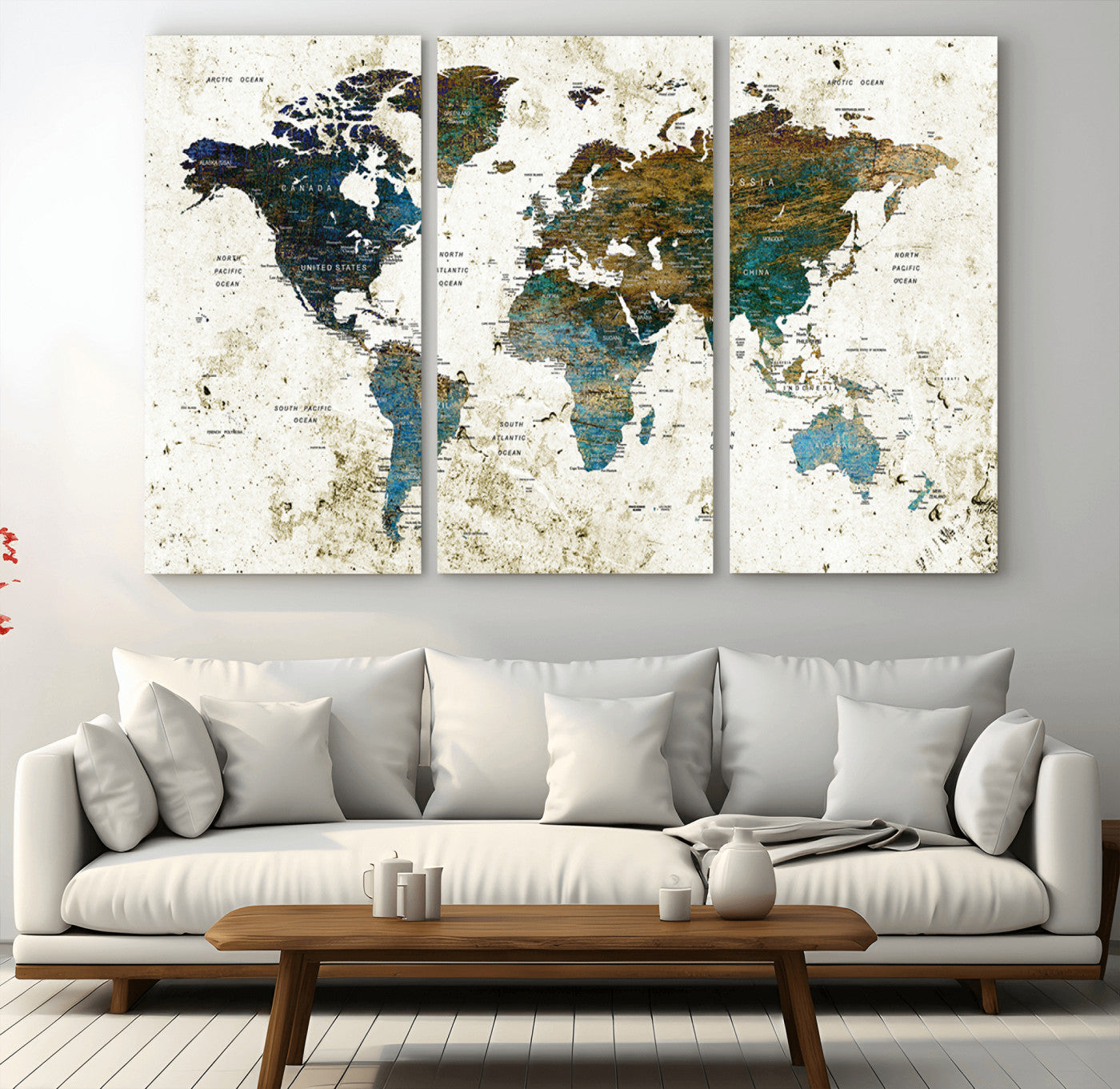 89176-MGV-CV-36X24-Vintage Blue and Brown World Map Canvas Wall Art – Framed Rustic Map Print, Earth Tone Travel Decor for Stylish Home and Office Walls