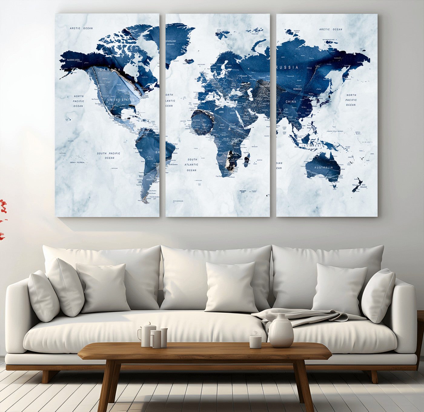 88266-MGV-CV-36X24-Modern Blue Marble World Map Canvas Print – Framed Push Pin Wall Art, Elegant Travel Map Artwork for Home Office or Living Room Decor