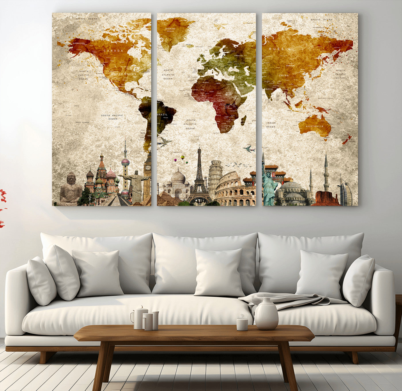 MGV-CV-48X32-3P - Push Pin World Map Canvas Print – Framed Wall Art for Couples to Track Their Travels – Anniversary