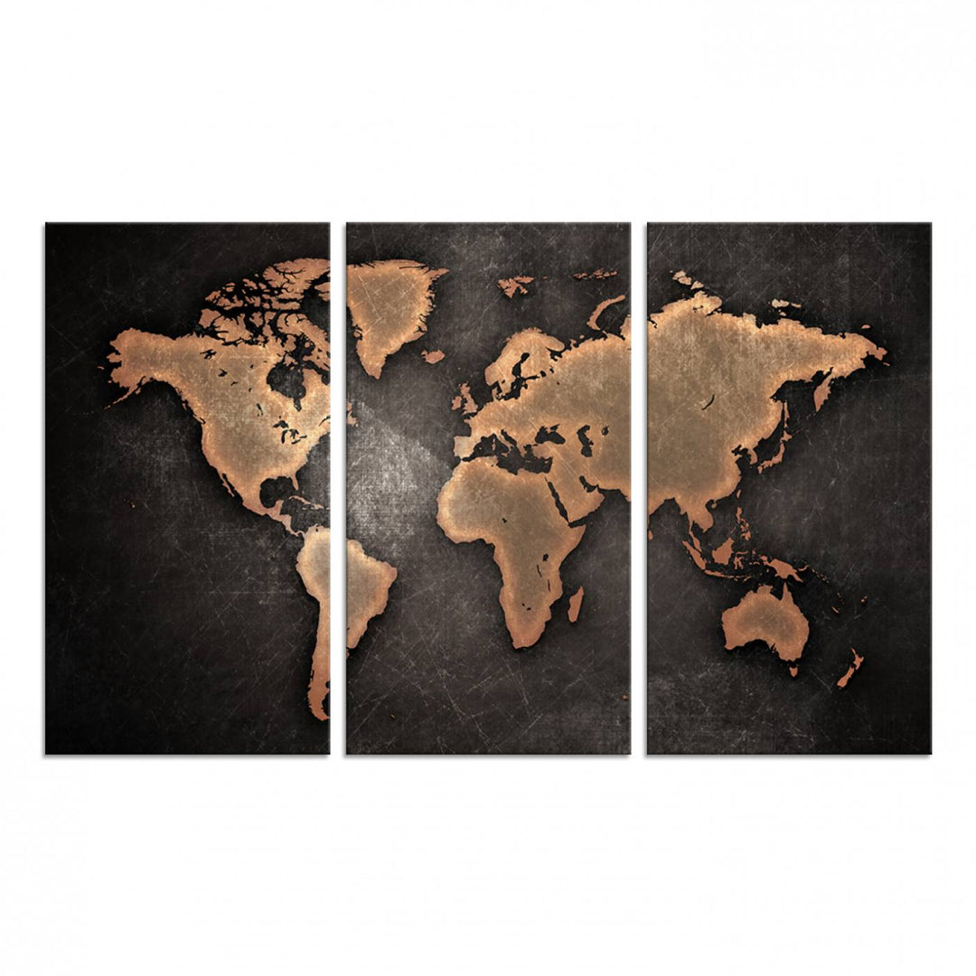 Maroon World Map Wall Art: Copper continents on a grunge-stained canvas, ideal for enhancing your decor.