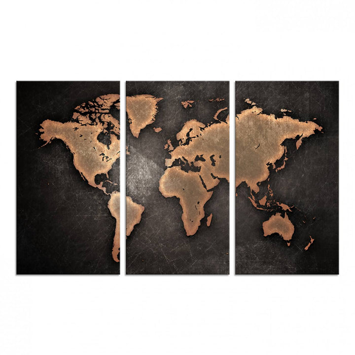 Maroon World Map Wall Art: Copper continents on a grunge-stained canvas, ideal for enhancing your decor.