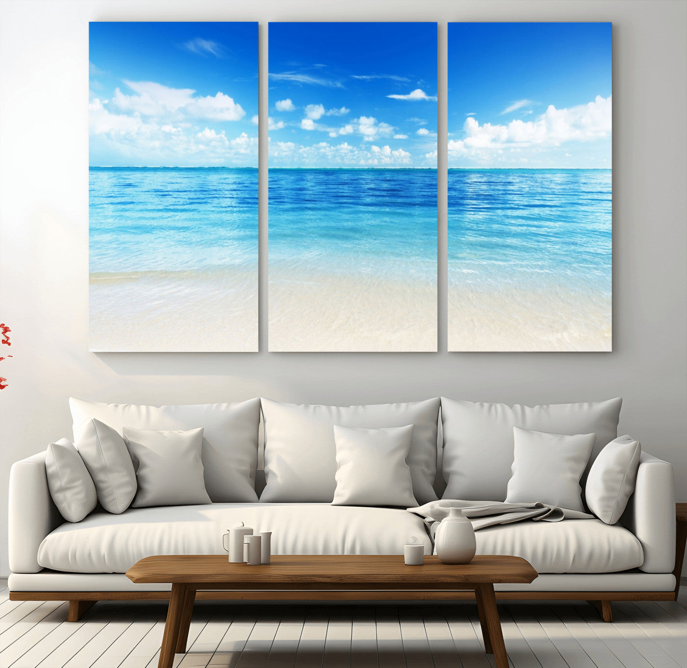 MGV-CV-48X32-3P - Beach Scene Canvas Wall Art Print – Tranquil Ocean Horizon and White Sand Beach Wall Decor for Home