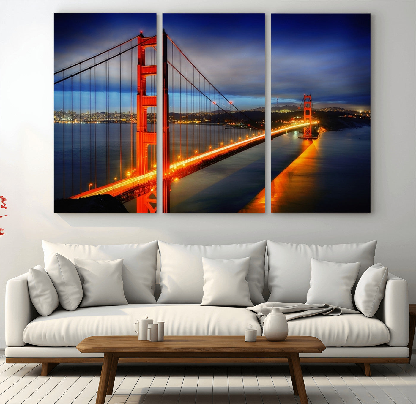 MGV-CV-48X32-3P - Large Wall Art San Francisco Canvas Print - Wonderful Golden Gate Bridge at Twilight