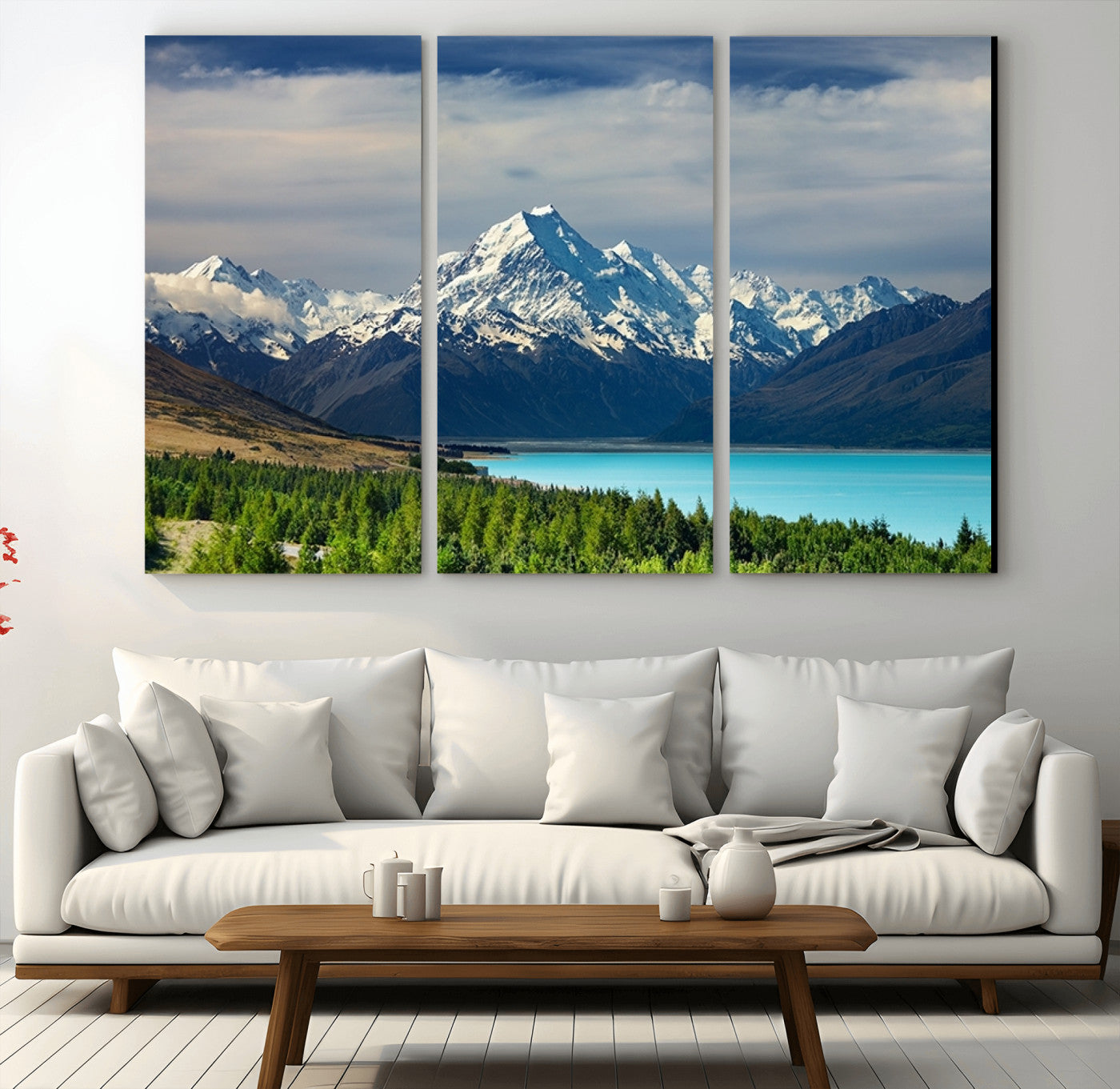 MGV-CV-48X32-3P - Mount Cook and Lake Pukaki Canvas Wall Art Print – Majestic Snow-Capped Peaks and Serene Lake Wall