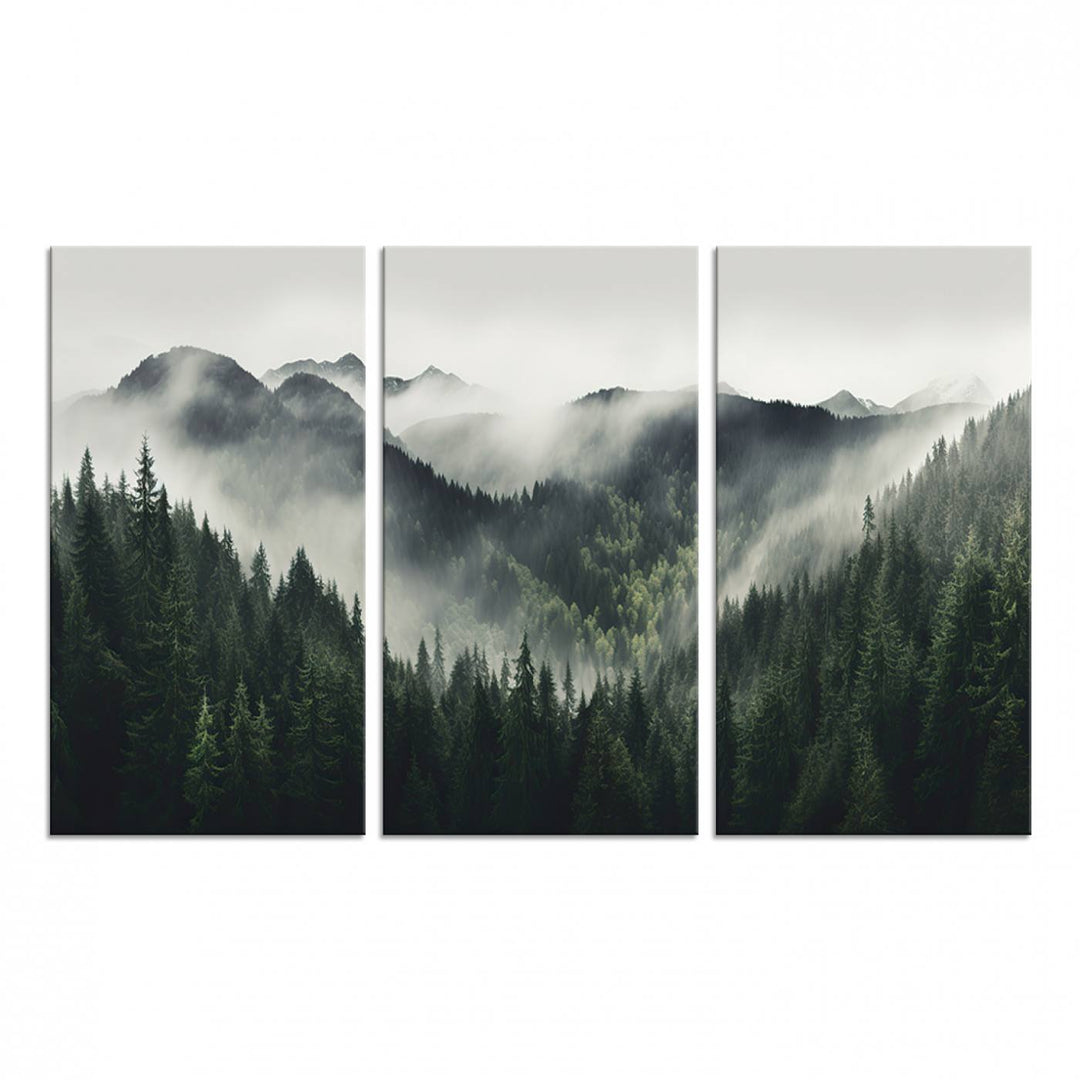 The Misty Forest Canvas Print Wall Art captures a serene misty forest scene with fog and mountains.