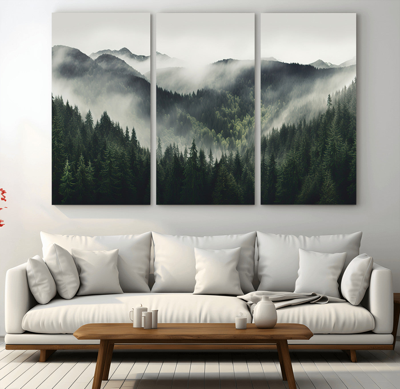 MGV-CV-48X32-3P - Misty Forest Canvas Print Wall Art Premium Canvas Print a Foggy and Serene Atmosphere