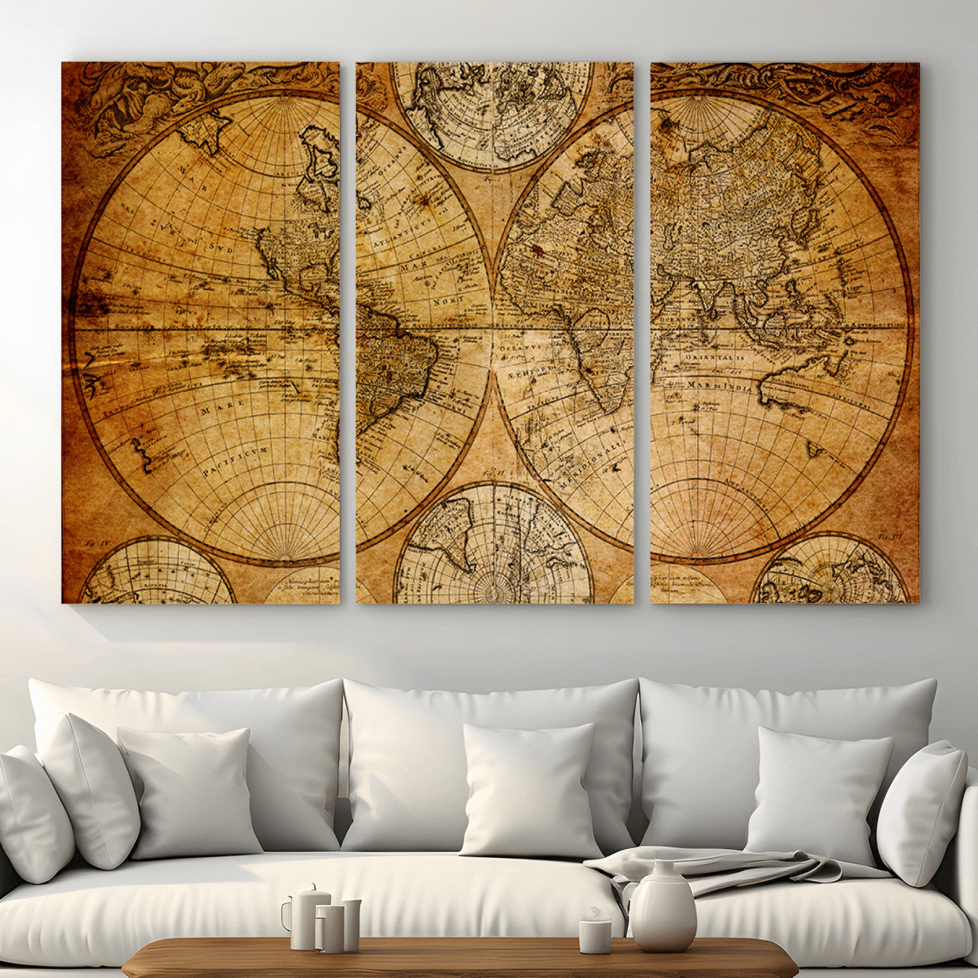 25517-MGV-CV-48X32-3P - Vintage World Map Canvas Print – Antique Push Pin Travel Map, Framed Wall Art for Home or Office Decor
