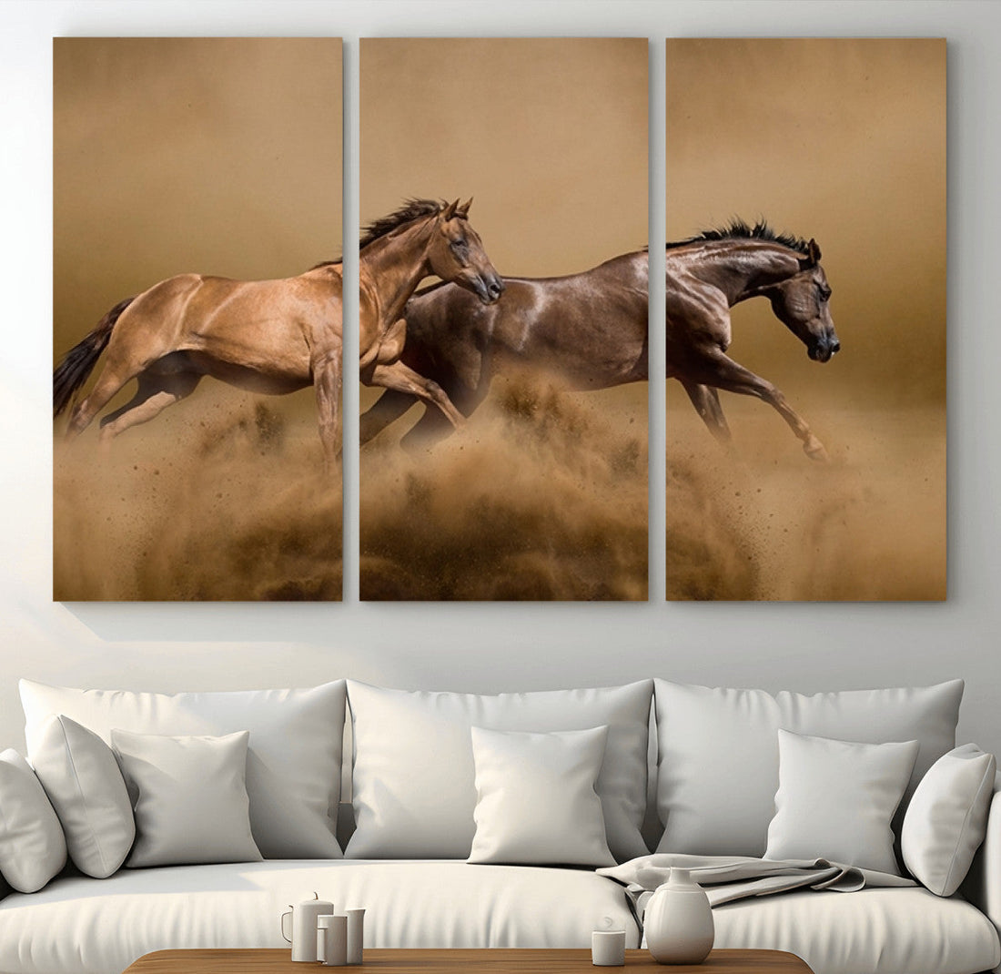 Large Wall Art Canvas Print, Two Running Brown Horses