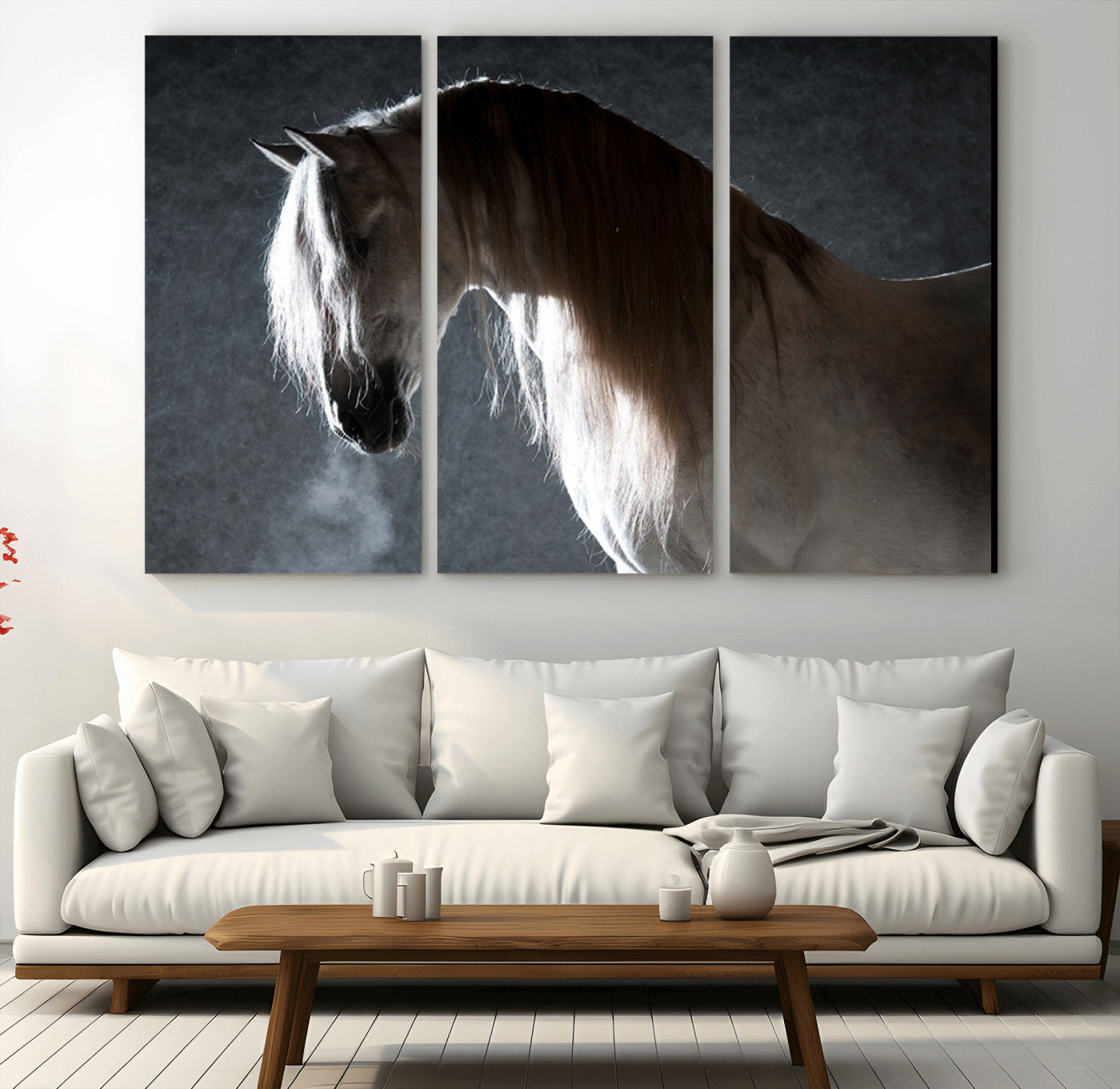 36020-MGV-CV-48X32-3P-Large Wall Art Cream Colored Horse on Grey Background Canvas Print