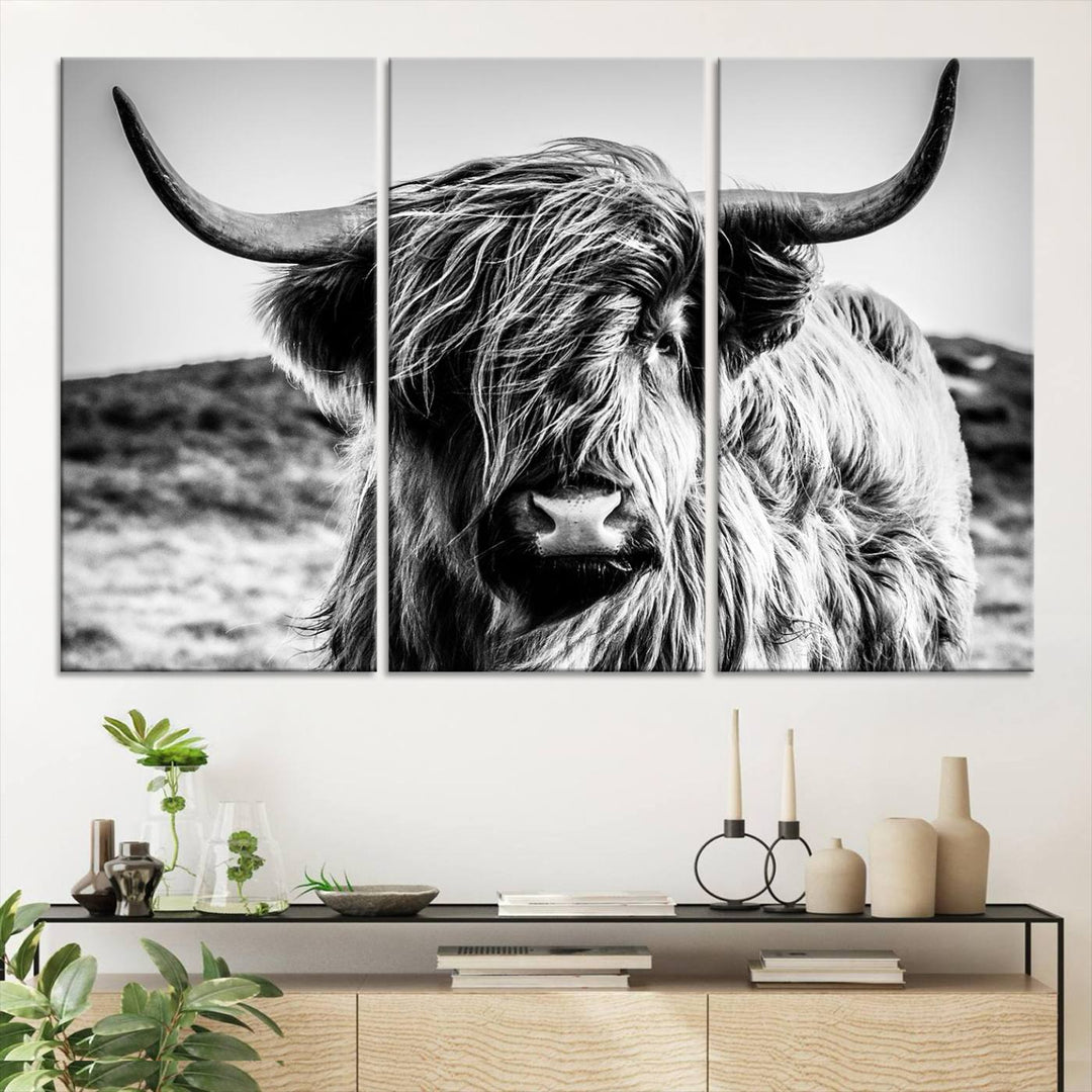 Vache écossaise Noir et Blanc Mur Toile Art Imprimer Ferme