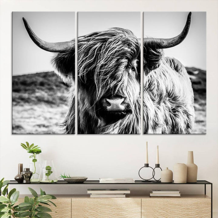 Highland Cow Wall Art | 3-Panel Black and White Highland Cow Canvas Print for Western Farmhouse Decor