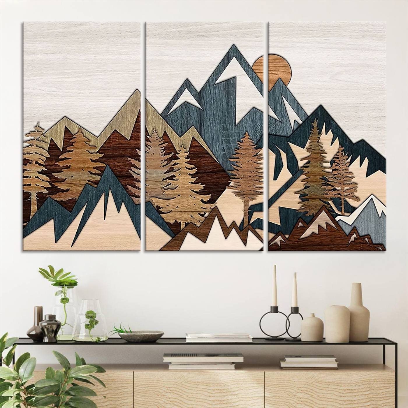 67950-MGV-CV-36X24-Rustic Abstract Wood Panel Effect Canvas Mountain Range Top Wood Wall Art Canvas Print