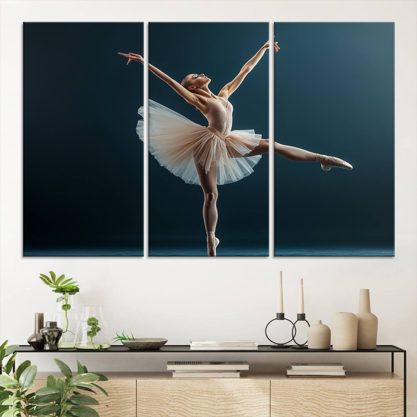 An elegant ballerina captured mid-pose on pointe, radiating grace and strength in a perfectly lit studio setting, her tutu fanned out in delicate symmetry.