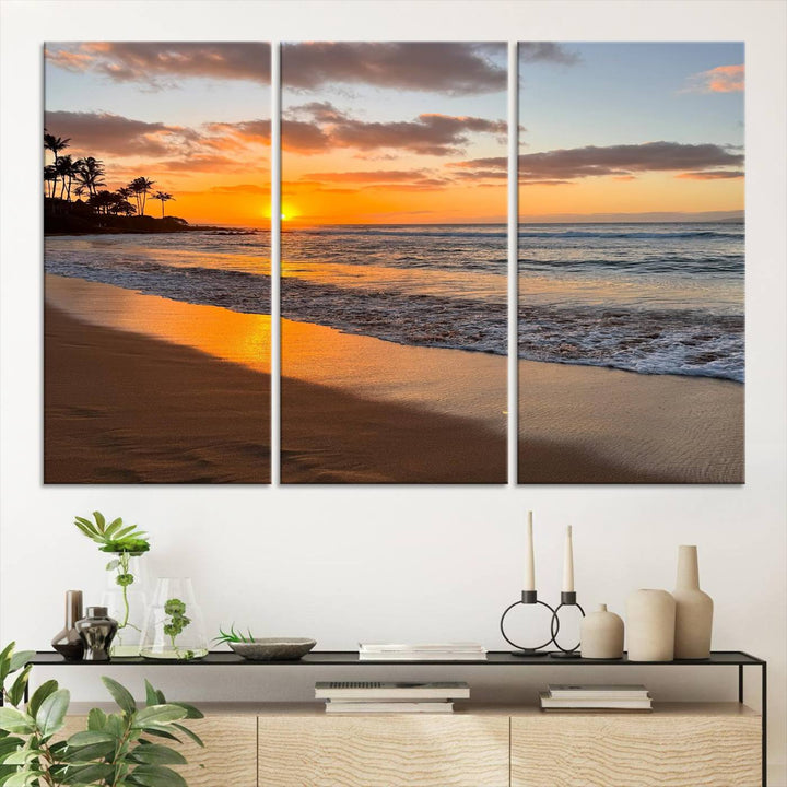 Sunset Wall Art Print featuring a beach sunset with waves and palms, perfect for coastal decor.