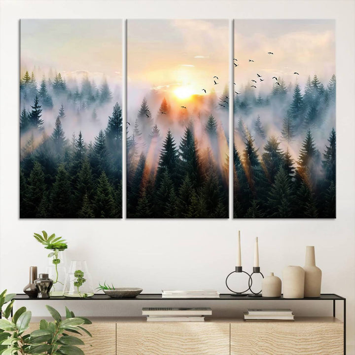 Sunrise over a misty forest with rays filtering through trees in the Abstract Forest Wall Art featuring soaring birds.
