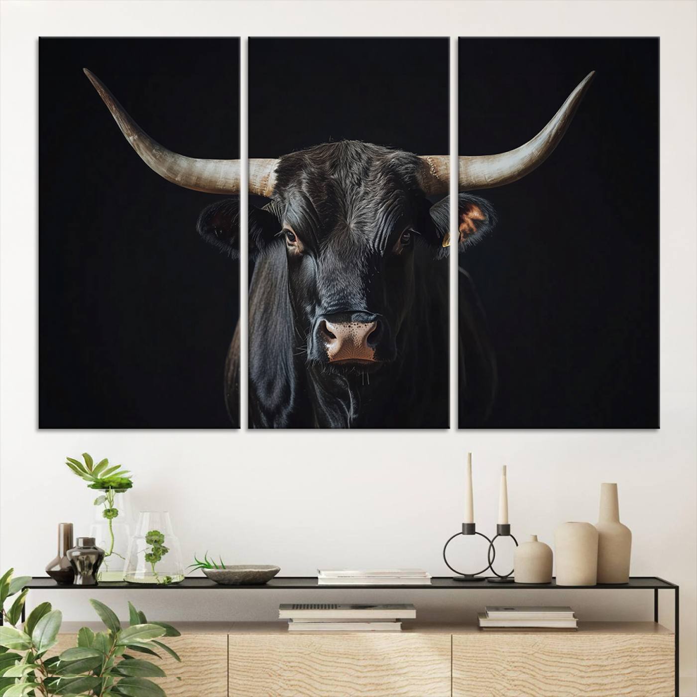 Canvas of a black longhorn bull against a dark background, featuring moody tones and western character for rustic or cowboy-inspired spaces.