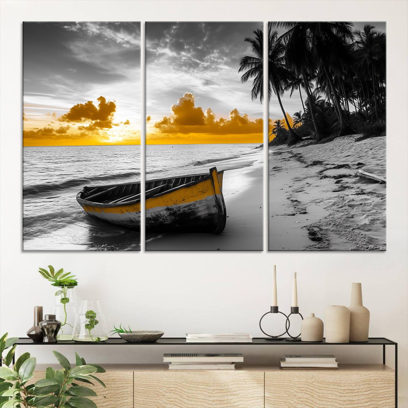Canvas of a yellow rowboat on a black and white tropical beach with golden sunset sky, ideal for coastal or tropical-themed home decor.