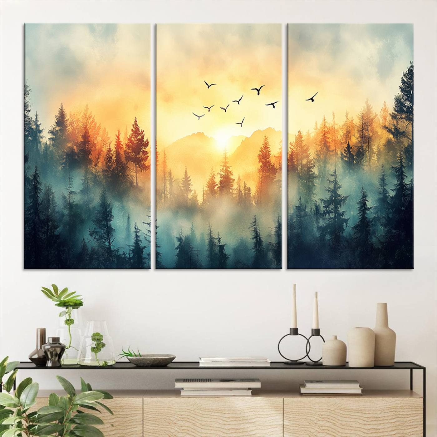 Canvas of a misty pine forest at sunrise with golden light and birds flying across the sky, perfect for tranquil nature-themed wall decor.