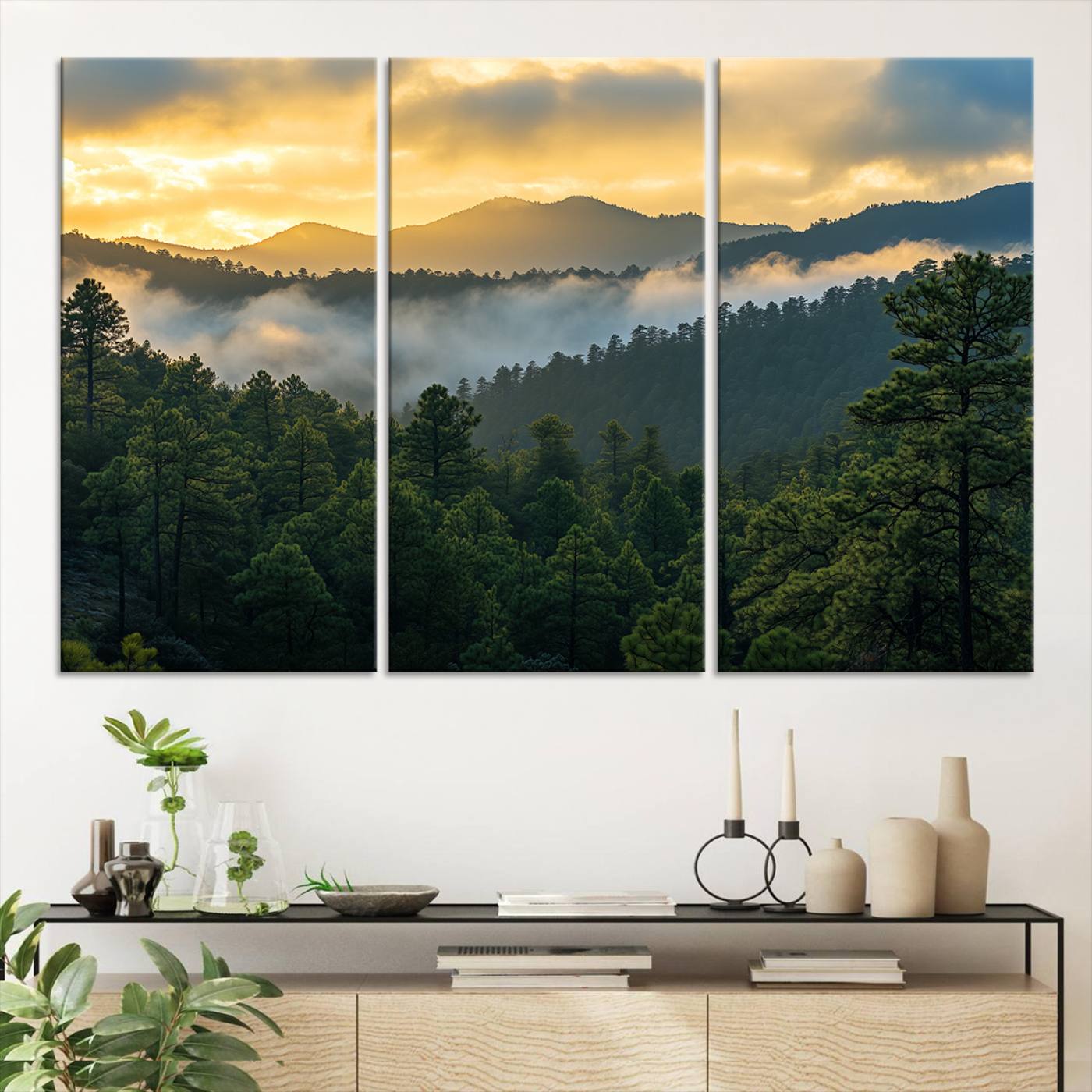 Canvas of misty pine-covered mountains at sunrise, featuring golden light and fog layers, ideal for tranquil earthy home decor.