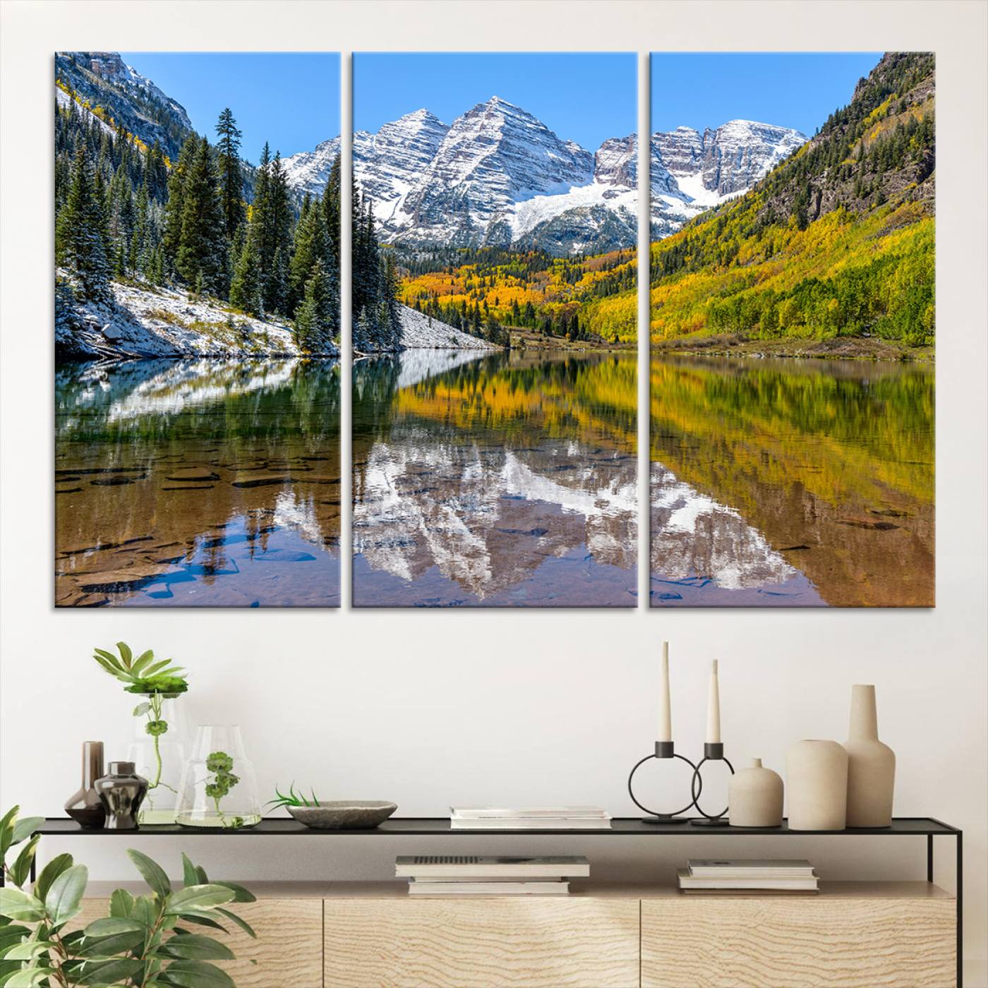 Canvas of Maroon Bells reflected in a clear alpine lake, with golden aspens and snowy peaks, ideal for crisp autumn or mountain-themed decor.