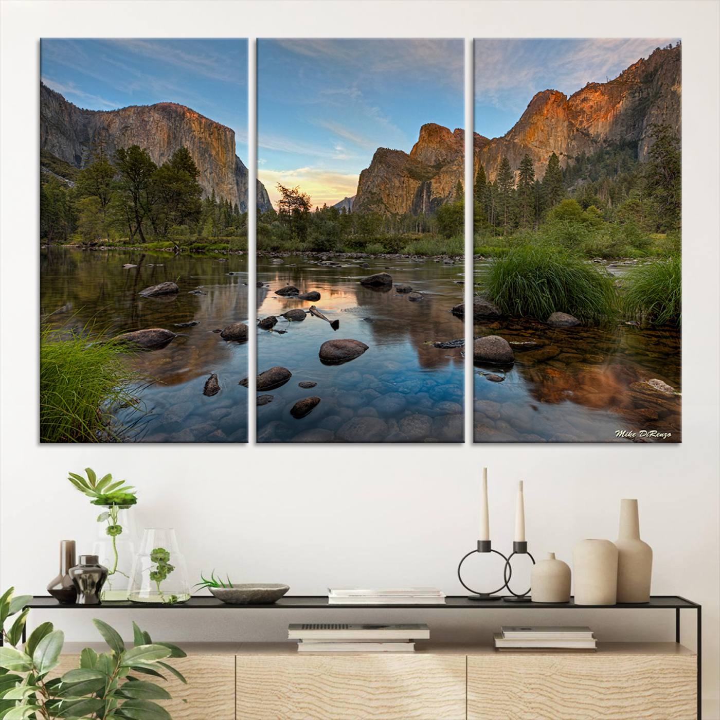 Canvas of Yosemite Valley with El Capitan and sunset reflections in a calm river, perfect for rustic or nature-themed décor.
