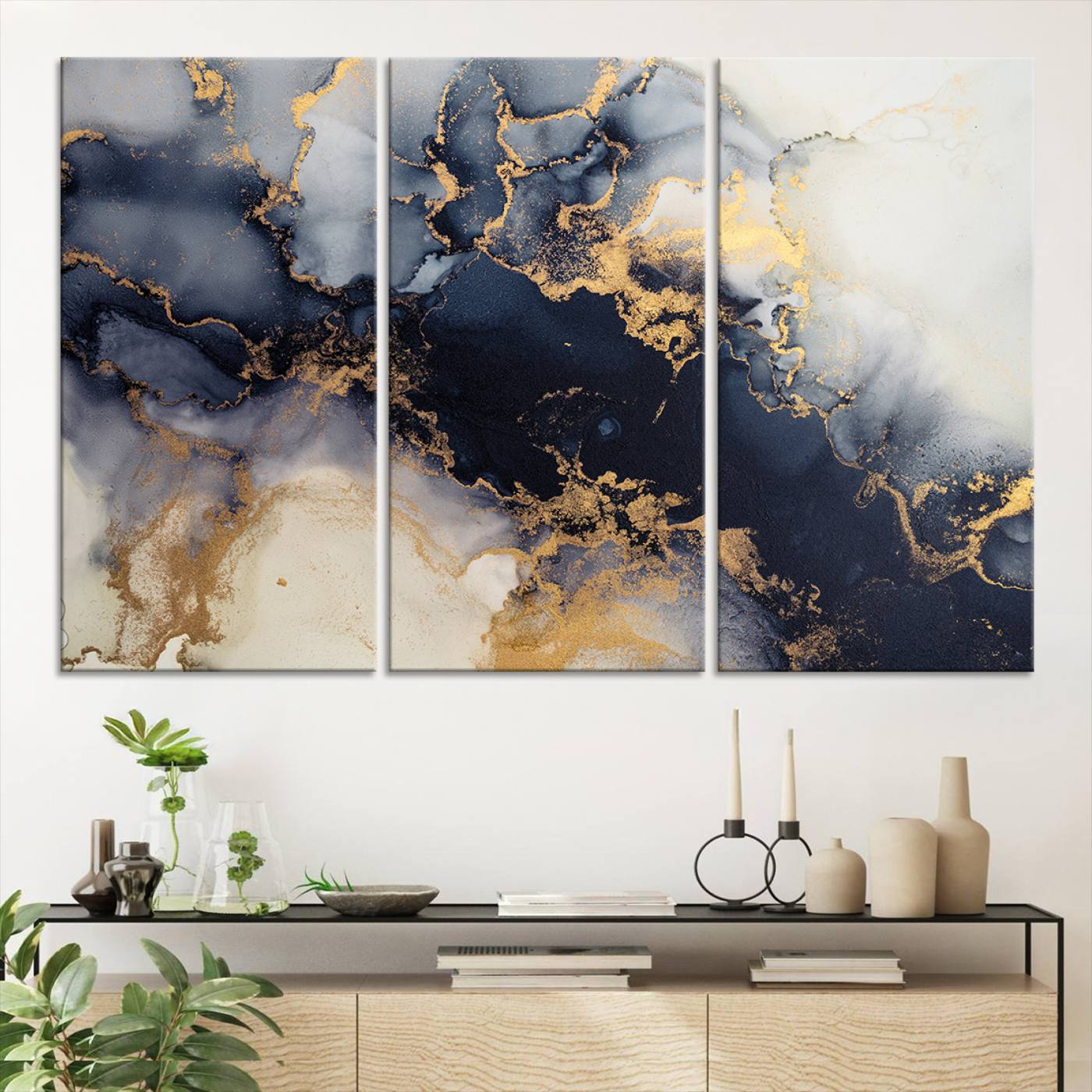 Luxurious abstract canvas in black and gold with moody fluid textures and smoky patterns, perfect for dramatic modern interiors.