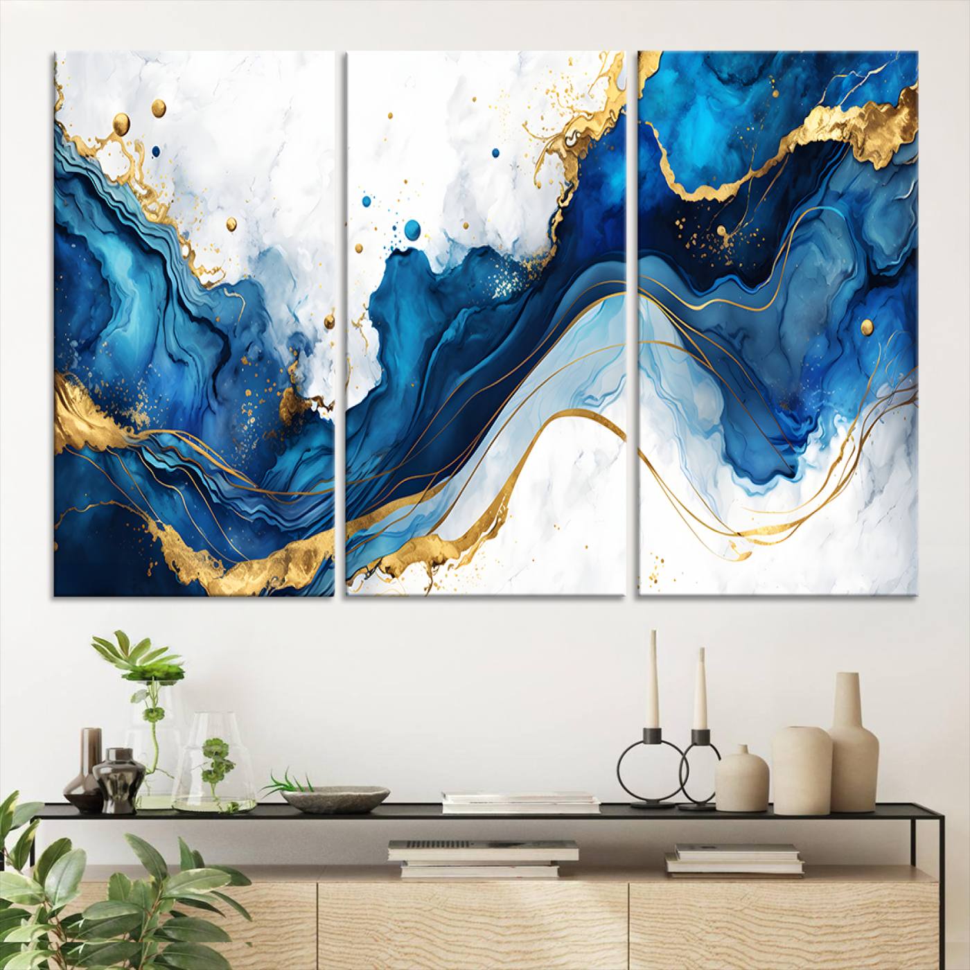 Elegant abstract canvas in cobalt blue and gold tones, featuring marble waves and fluid motion, ideal for luxe interior styling.