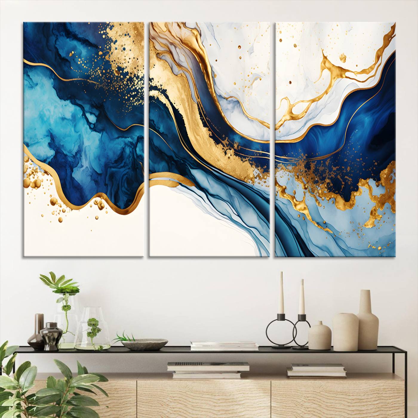Canvas artwork with fluid blue and gold marbling, perfect for modern luxe or elegant abstract home decor styles.