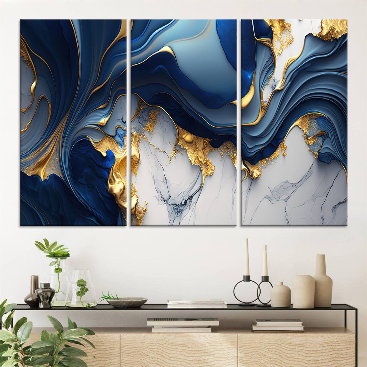 Canvas art with swirling blue marble and gold textures, ideal for elegant glam or modern luxury interior design settings.