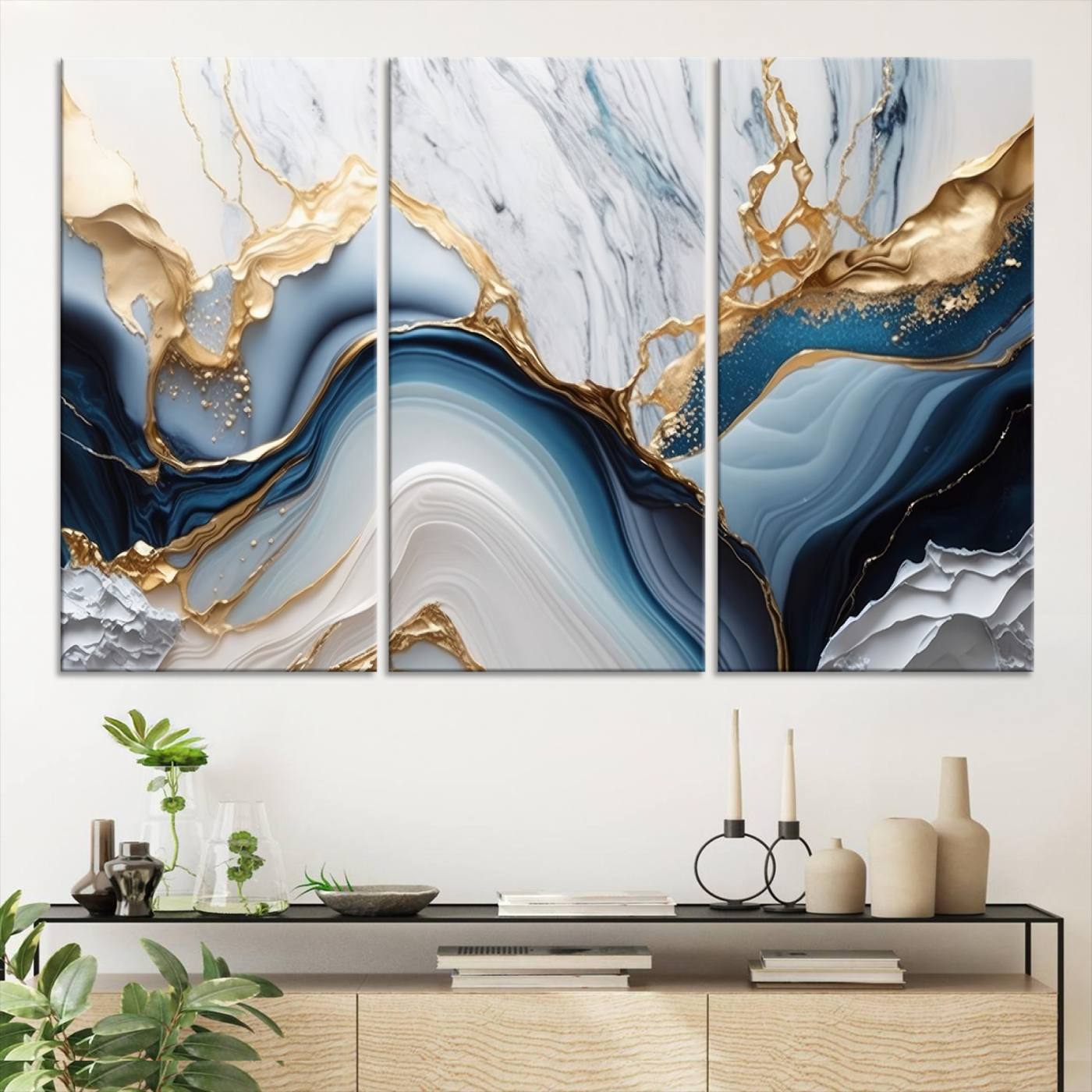Abstract canvas with blue marble textures and flowing gold veins, ideal for modern luxury or coastal-inspired interior decor.