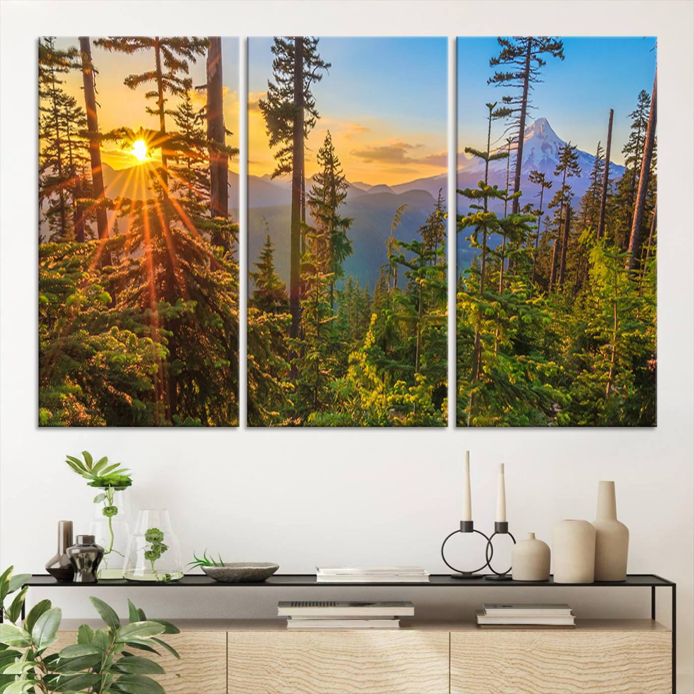 83544043-MGV-CV-36X24-Forest Sunset Wall Art Canvas Print, Framed Sunset Trees Art Picture Print, Green Pines Perfect Rustic Nature Decor