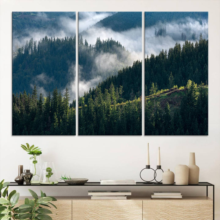 Moody canvas of misty pine forests over layered hills, perfect for cool-toned nature-inspired or woodland-style home decor.