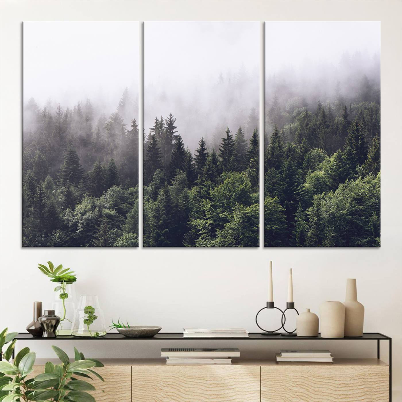 62890402-MGV-CV-36X24-Misty Forest Wall Art Canvas Print, Framed Foggy Pines Art Picture Print, Pine Valley Perfect Moody Woodland Decor