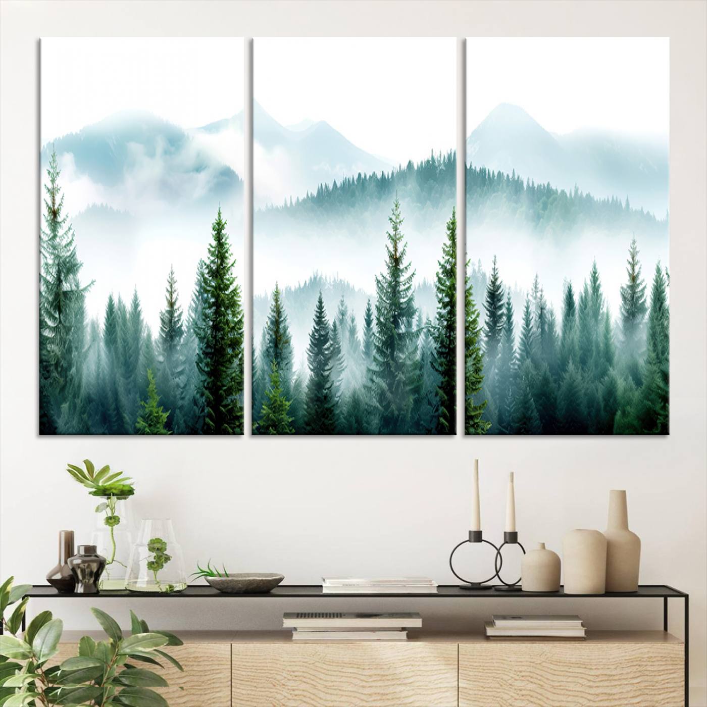 16716676-MGV-CV-36X24-Pine Forest Wall Art Canvas Print, Framed Misty Mountains Art Picture Print, Foggy Trees Perfect Moody Forest Artwork