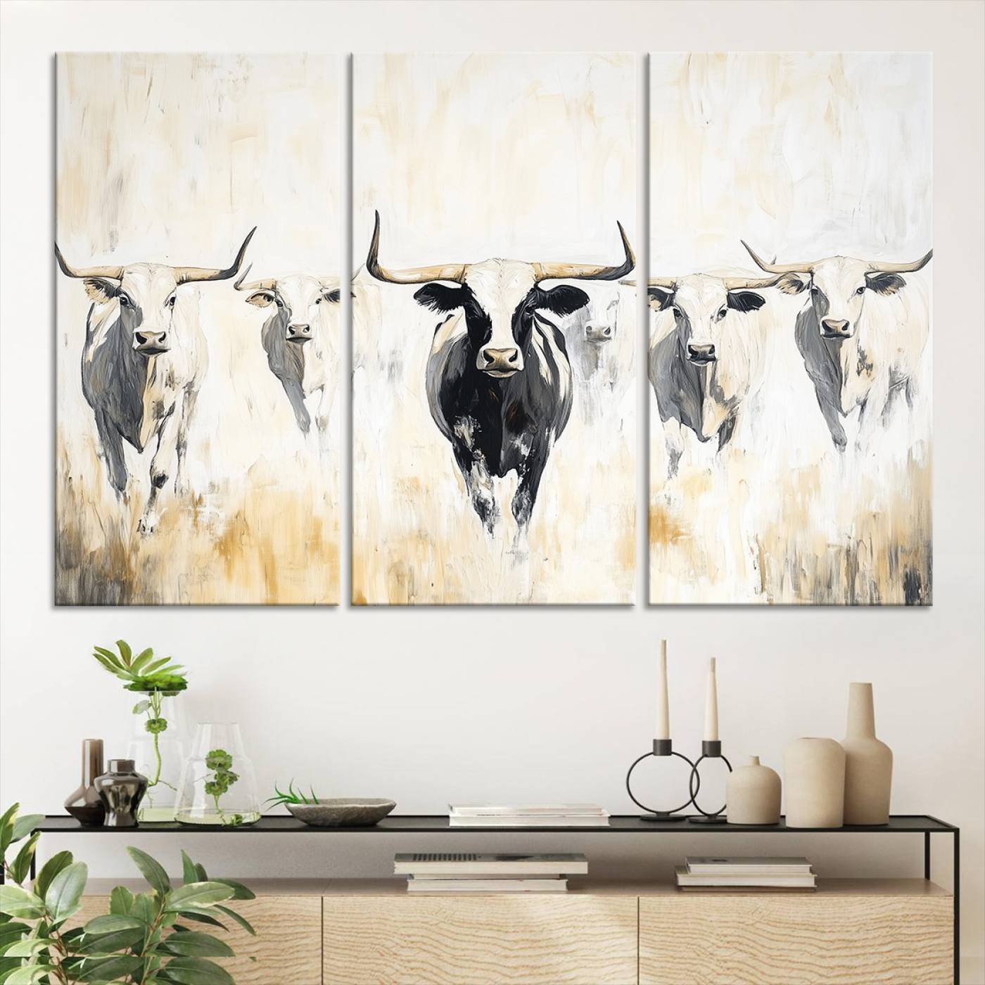 40397799-MGV-CV-36X24-Texas Longhorn Canvas Print, Framed Rustic Herd Art Picture Print, Western Bull Perfect Neutral Western Decor