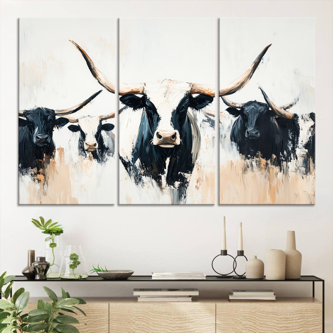 94780606-MGV-CV-36X24-Texas Longhorn Wall Art Canvas Print, Framed Western Cattle Art Picture Print, Horned Bull Perfect Rustic Western Decor, Western Cattle