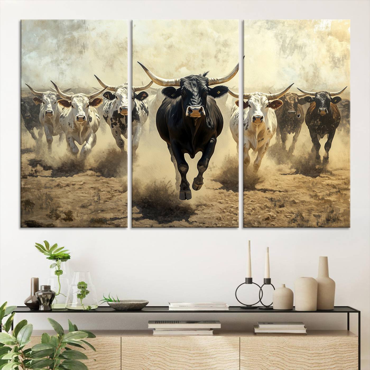 Dynamic canvas showing a Texas Longhorn stampede with earthy tones and bold movement, perfect for rustic or Western-style interiors.