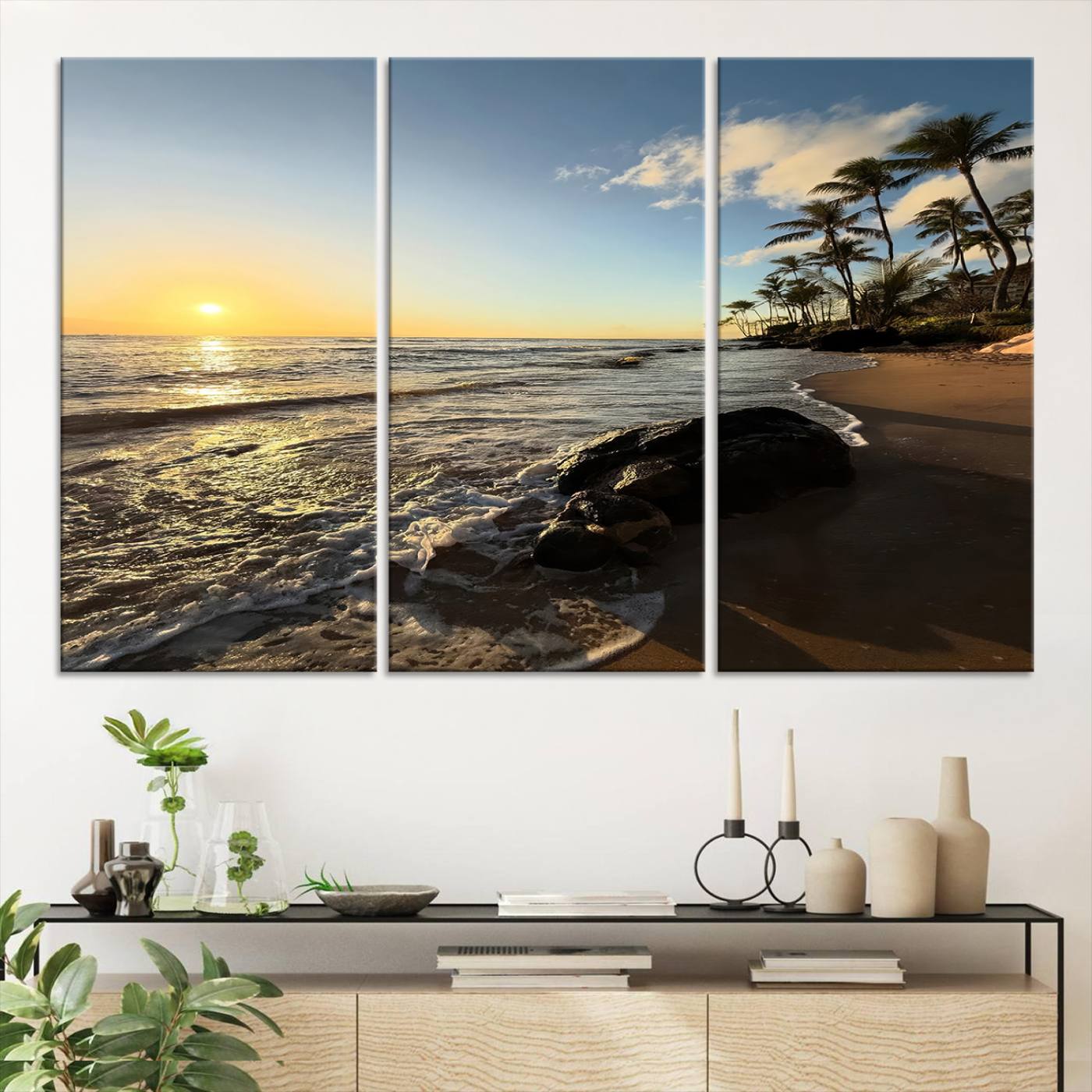 Canvas of a golden sunset on a tropical beach with palm trees and calm waves, perfect for coastal or island-themed home decor.