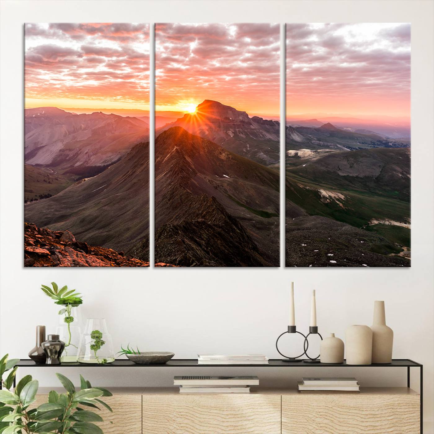 Canvas showing a mountain ridge at sunrise with golden light and dramatic clouds, perfect for nature or rustic-inspired wall decor.