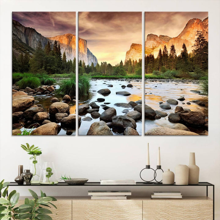 A tranquil riverside sunset mirrors the beauty of a Yosemite wall art masterpiece like the Large El Capitan Print.