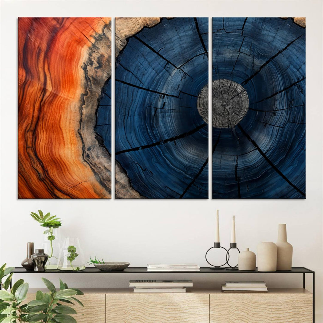 Abstract Tree Rings Canvas Print with vibrant colors—ideal farmhouse wall art for a woodland-themed home.