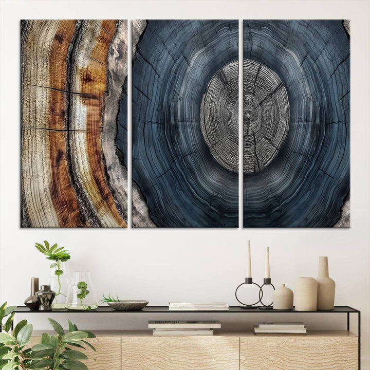 Close-up of the Abstract Tree Rings Wall Art Print featuring shades of blue, brown, and gray.