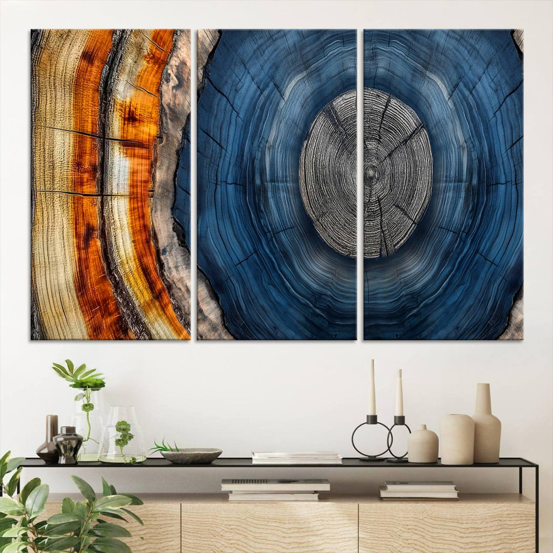 Vibrant Abstract Tree Rings in Orange, Brown, and Blue - Canvas Print for Nature Woodland Wall Decor.