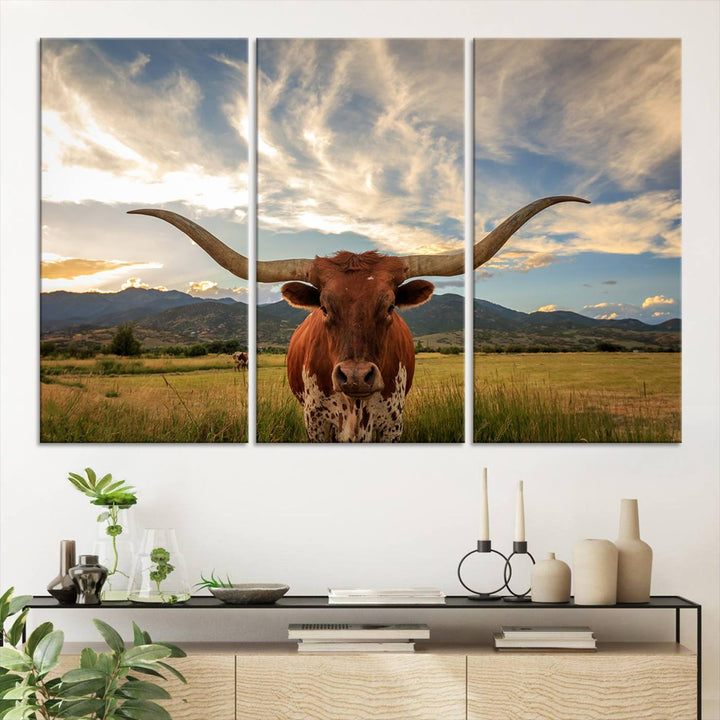 Texas Longhorn Canvas Wall Art – Majestic Triptych Animal Print – Rustic Western Decor for Living Room or Office – Ready to Hang