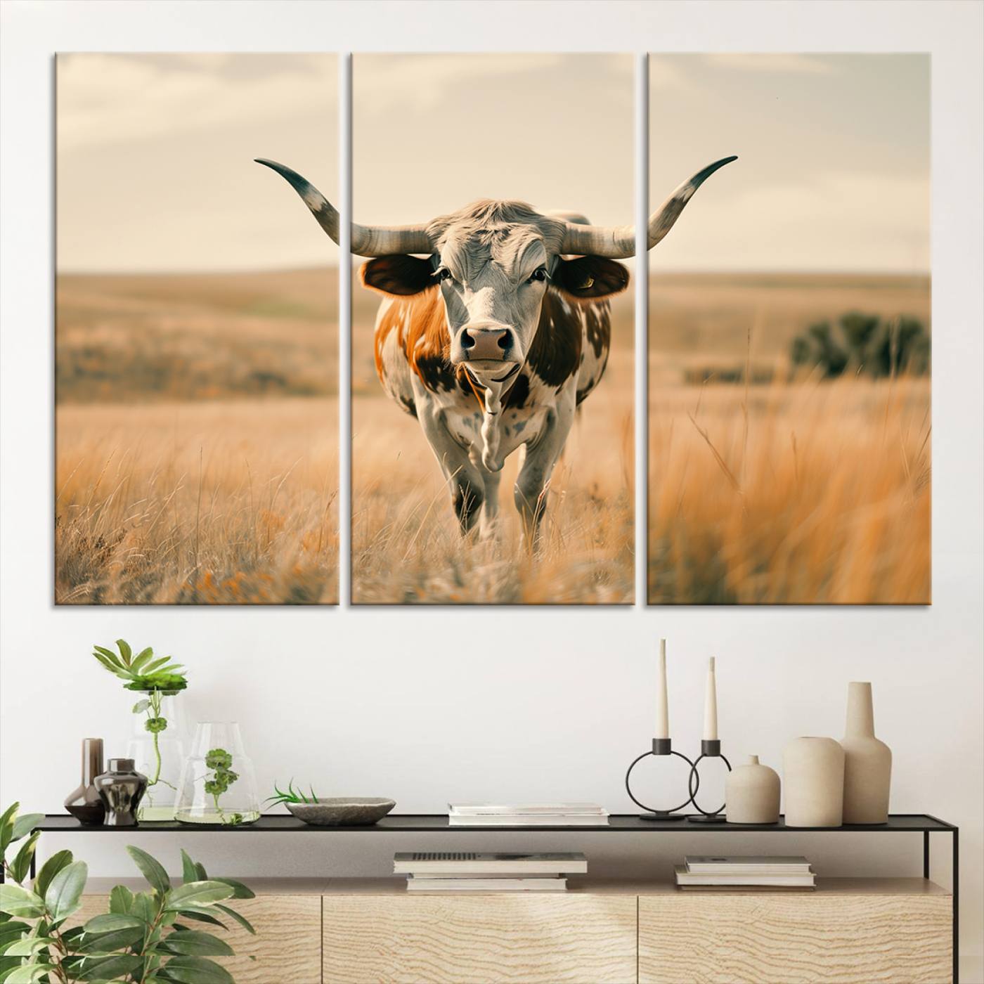 16580-MGV-CV-36X24-Texas Cow Longhorn Wall Art Canvas Print for Farm House Wall Decor, Farmhouse Cow Print Canvas Wall Art Print