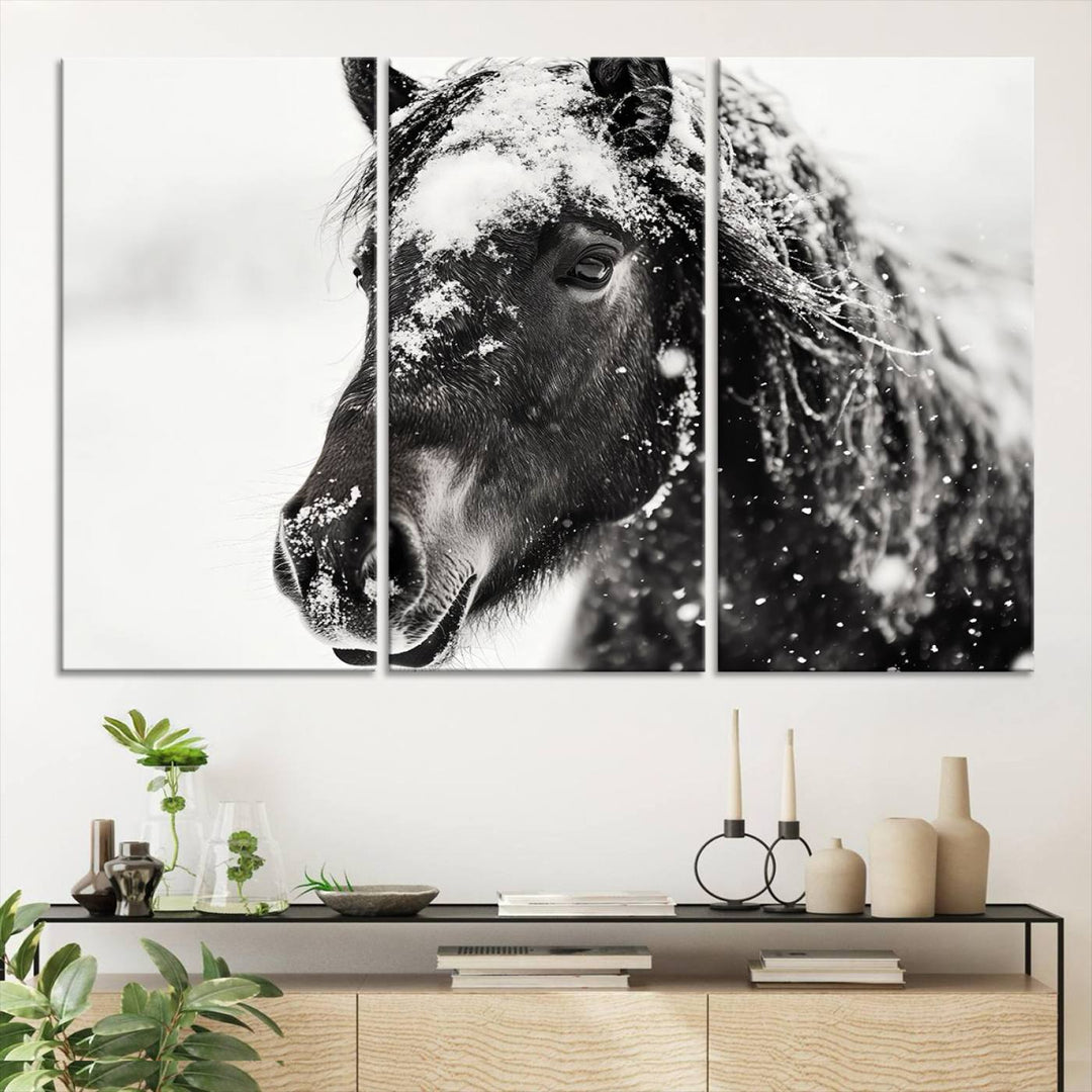 The wall art is a Black and White Horse piece, framed and ready to hang.