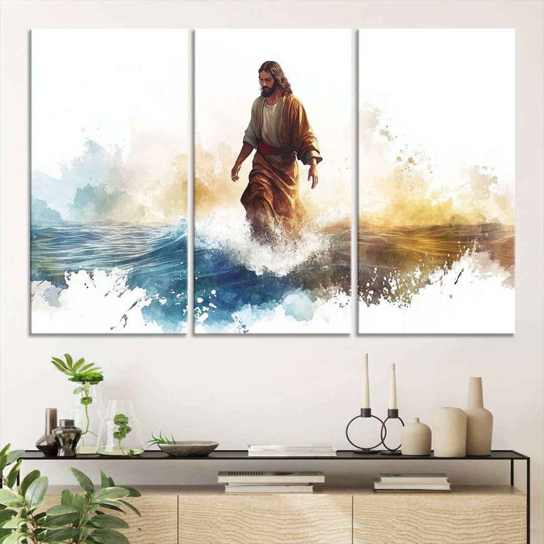 This watercolor canvas print depicts Jesus walking, characterized by abstract splashes against a serene background. It serves as a beautiful piece of Christian wall art.